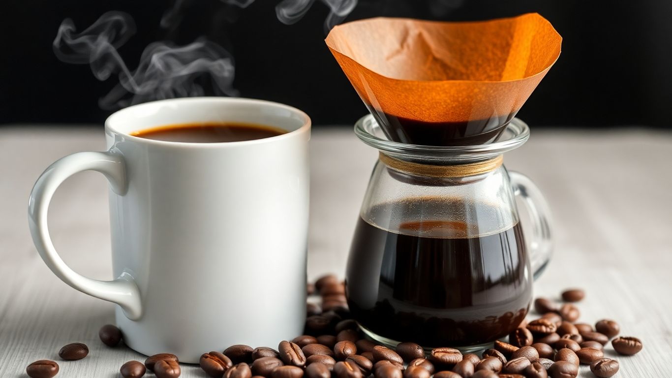Steaming coffee in a pour-over cone with scattered beans.