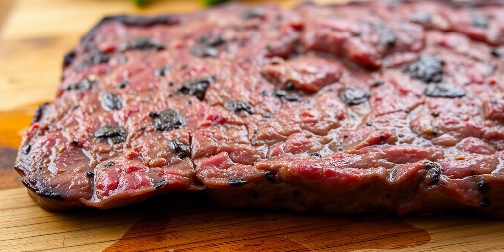 Juicy grass-fed beef steak on a rustic wooden board.