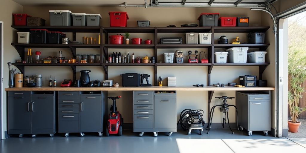 Modern wall-mounted shelves in a tidy garage.
