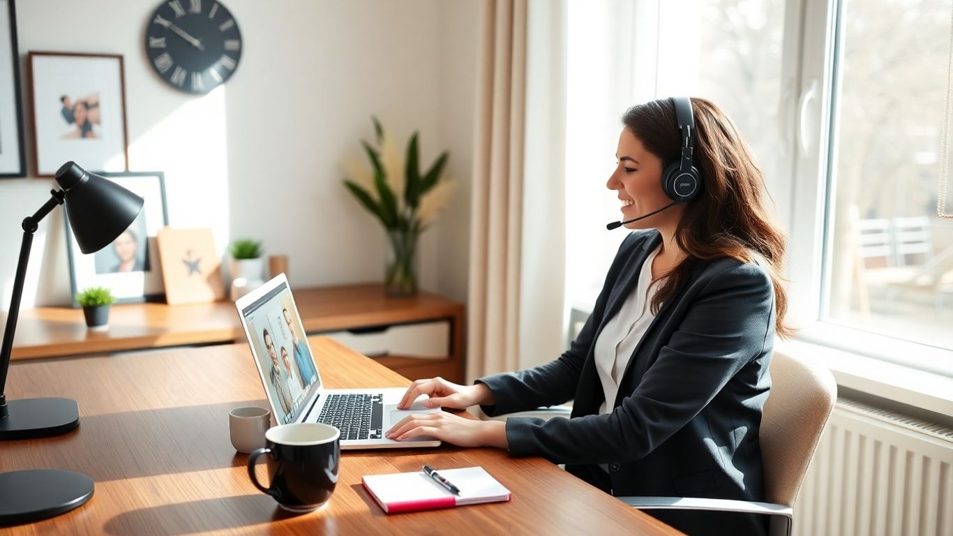 Virtual assistant working at home office desk with laptop