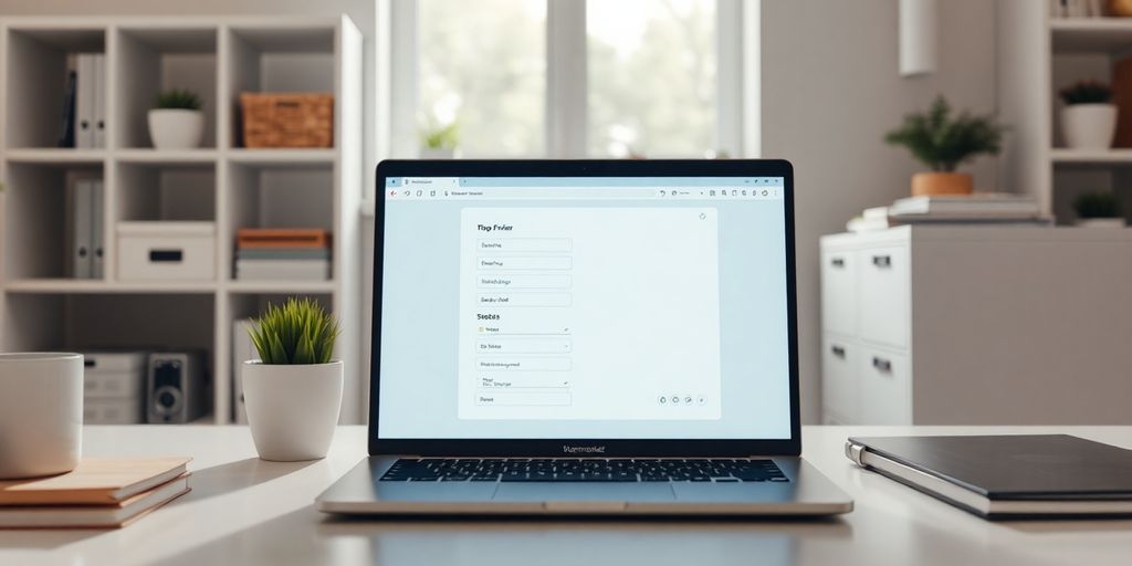 Modern workspace with streamlined online form on laptop.