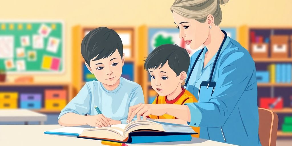 Teacher aide helping student with schoolwork.
