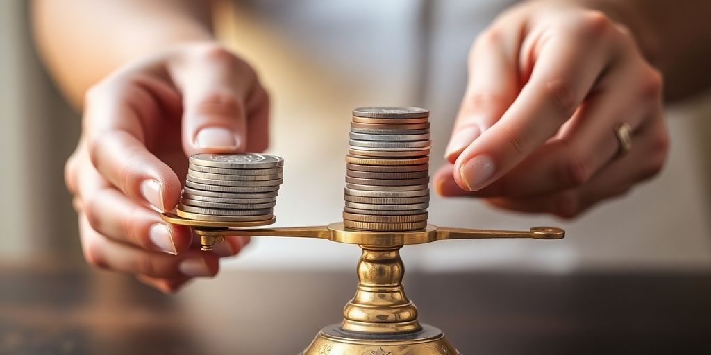 Mains équilibrant des pièces de monnaie sur une balance.