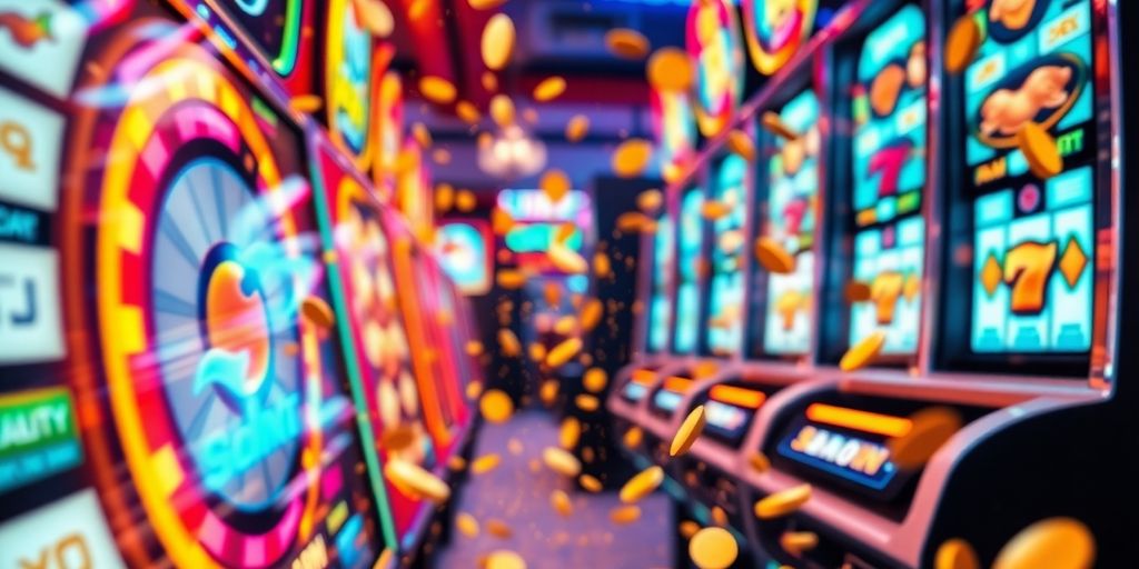 Glittering slot machine reels with cascading coins.