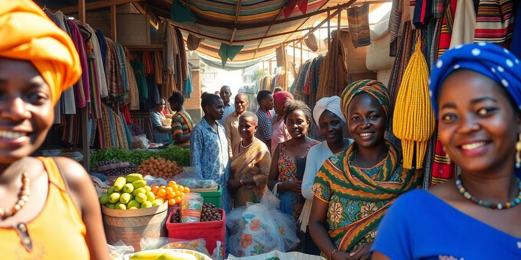 Colorful African market with vendors and lively atmosphere.