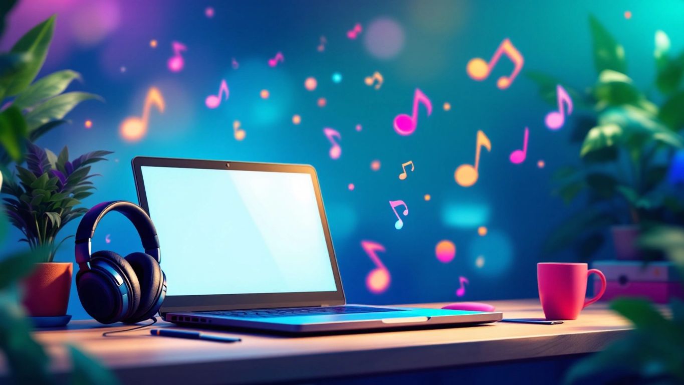 A workspace with headphones and a laptop with music notes.