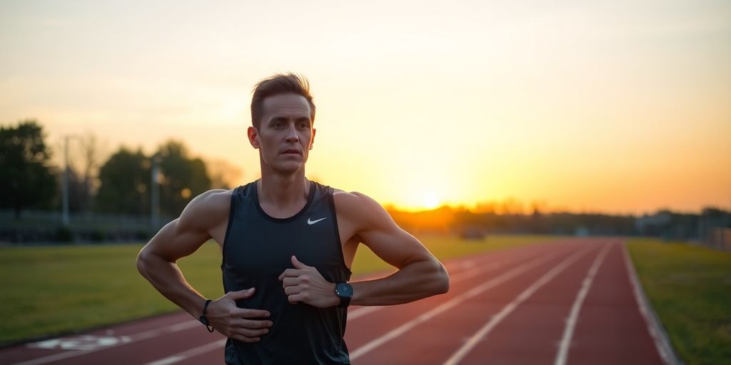 Runner stretching on a track during sunset cool down.