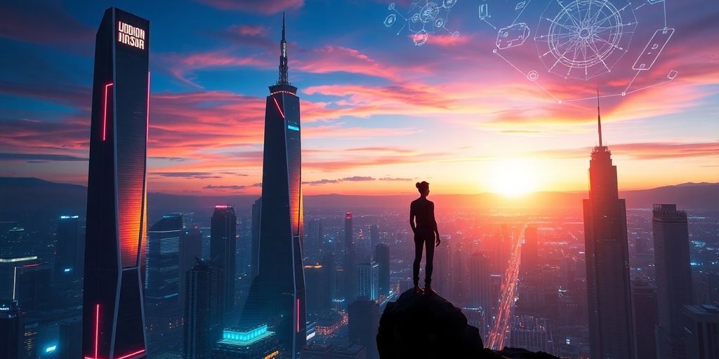 AI-generated art, futuristic city skyline.