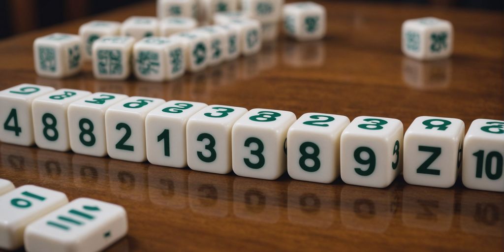 Close-up of Mahjong tiles with numbers and symbols.