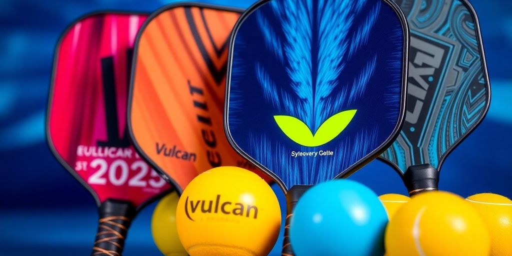 Close-up of Vulcan pickleball paddles and balls on court.