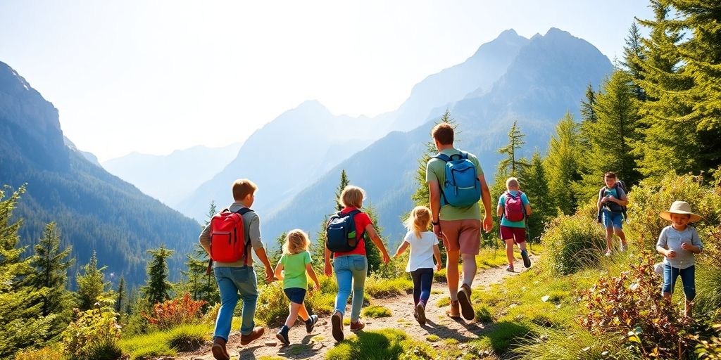 Children hiking a mountain trail.
