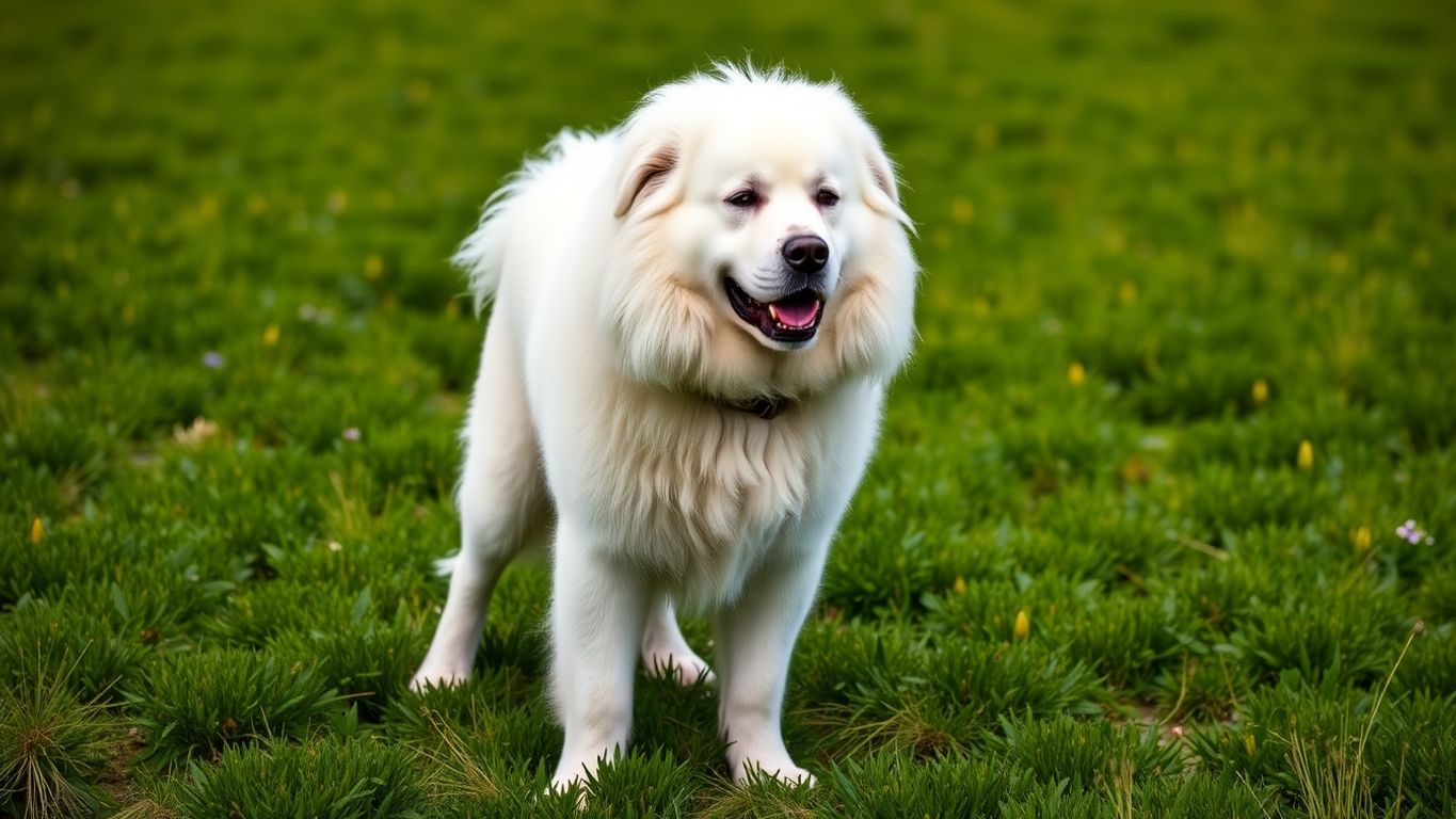 A proud Kuvasz dog in a green field.