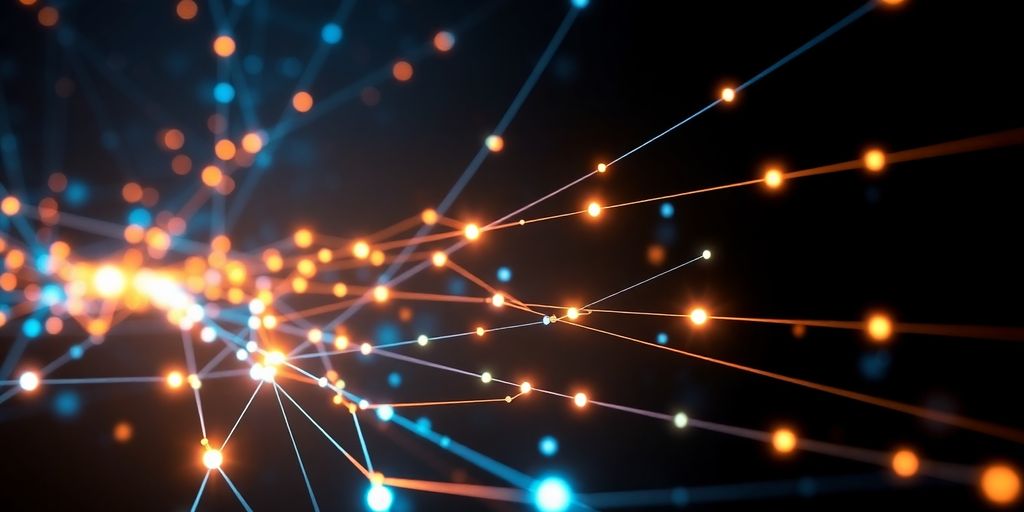 Abstract digital network with connecting nodes.