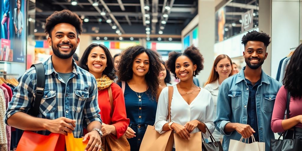 Diverse consumers shopping in a modern retail environment.