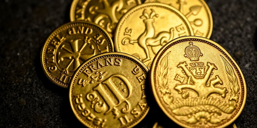 Premiers francs en or sur une surface texturée.