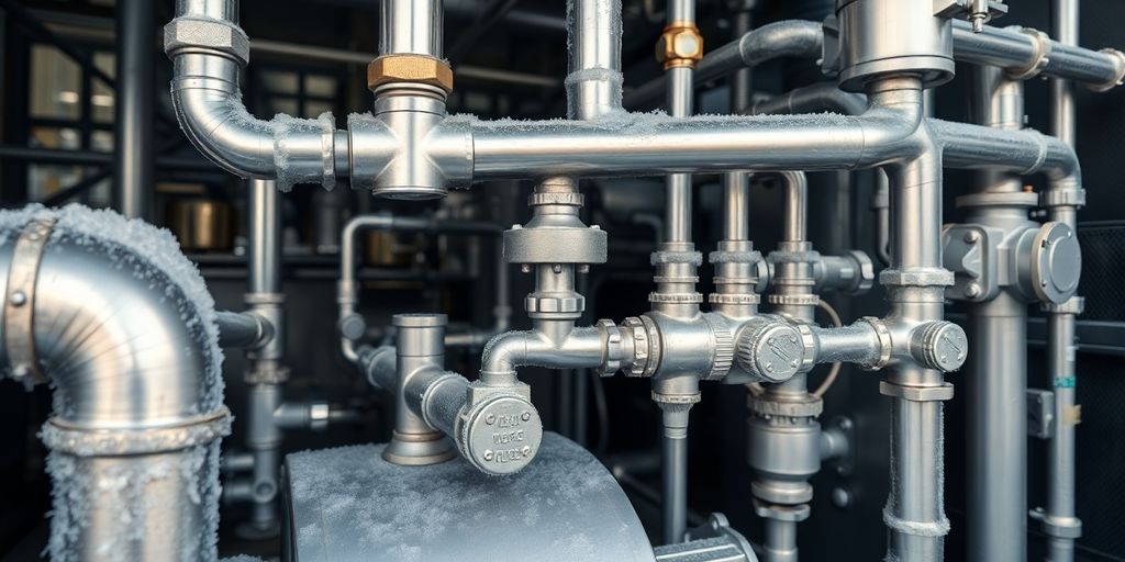 Impianto frigorifero industriale con tubi e valvole in primo piano