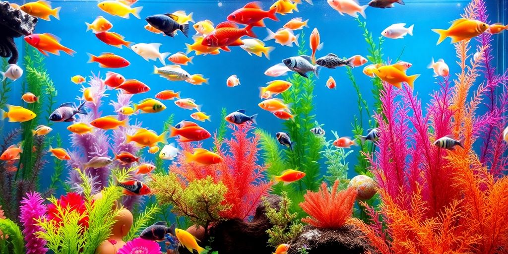 Makukulay na aquarium na may buhay na isda at mga aquatic plants.