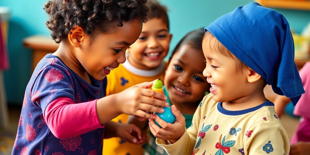 Children sharing toys kindly, demonstrating respect.