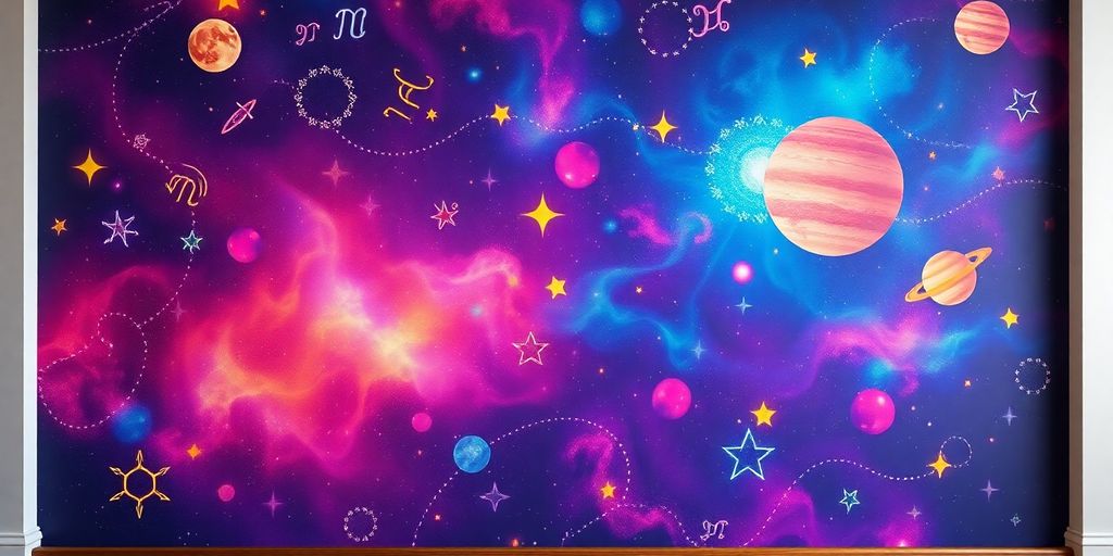Fondo cósmico vibrante con elementos celestiales.