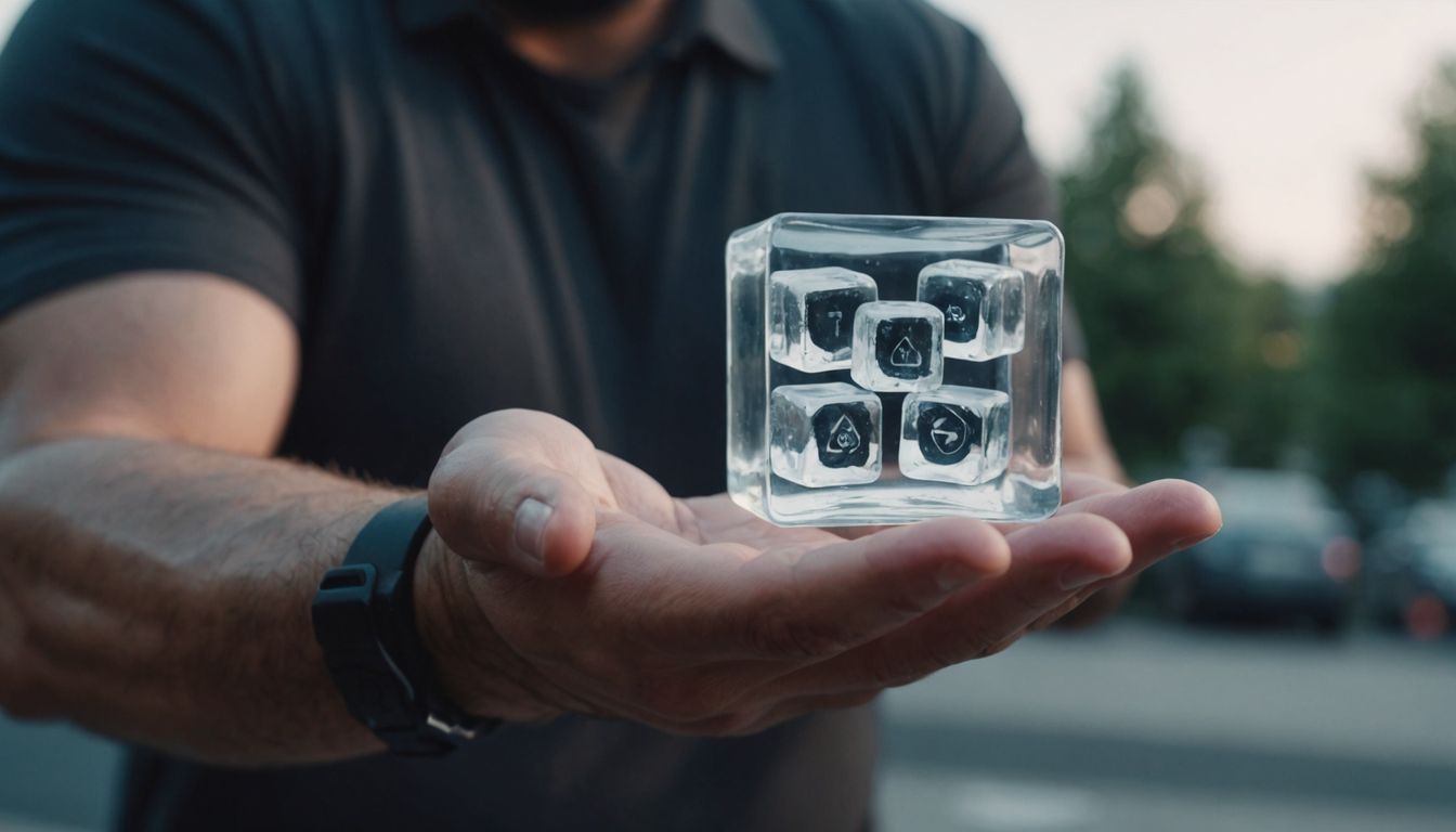 Hand holding ice cube with weight loss symbols