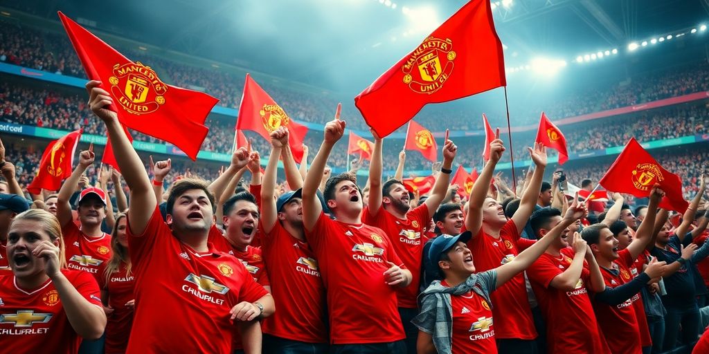 Manchester United fans cheering passionately in the stadium.