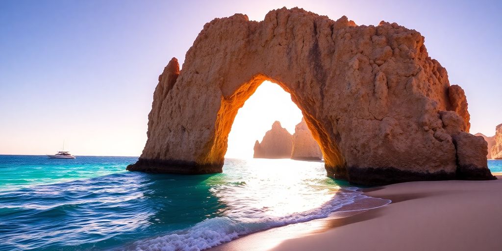 Sun-drenched beach, arch, clear water, distant boat.