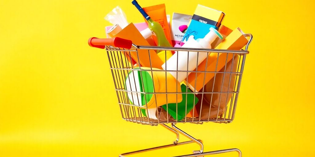 Einkaufswagen voller bunter Produkte für Online-Angebote.