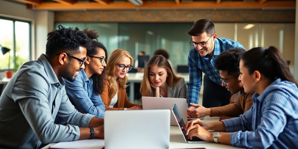 Group of professionals discussing SEO strategies at a desk.