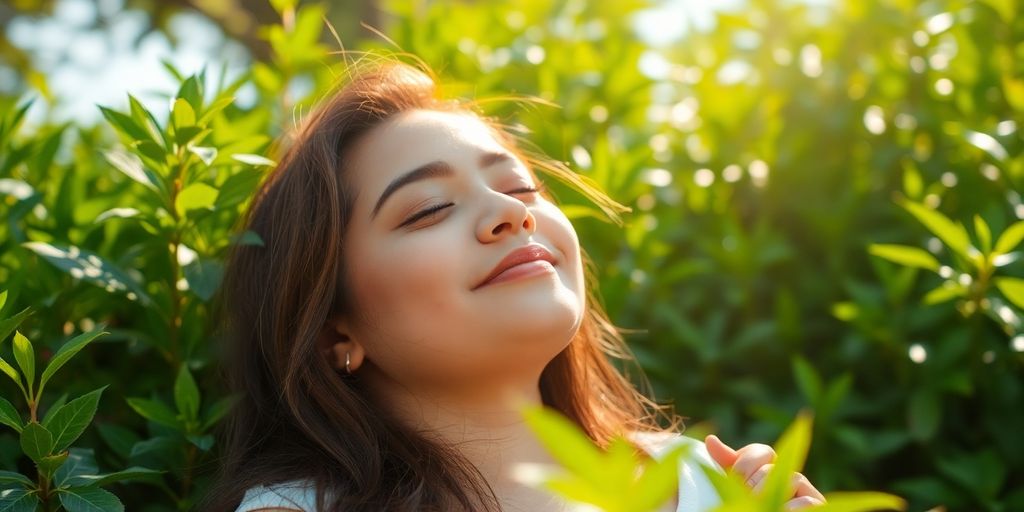 Serene person meditating in a peaceful natural setting.