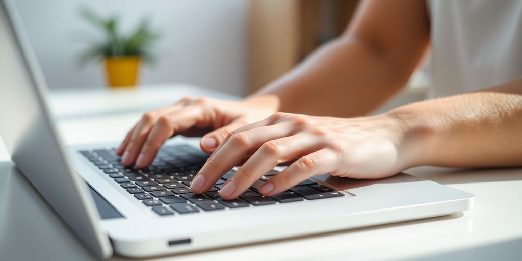 A close-up of a person's hands typing on a laptop.