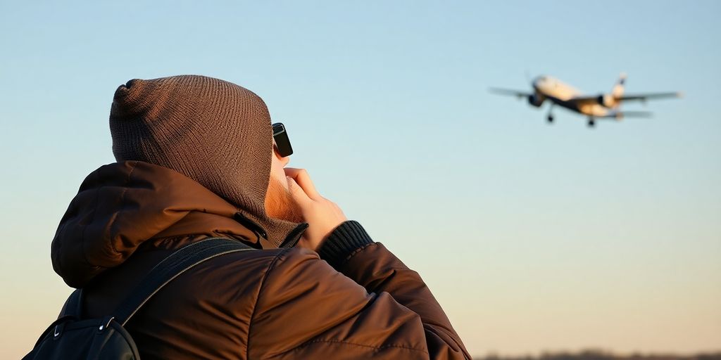 Person watching planes in comfortable outdoor attire.
