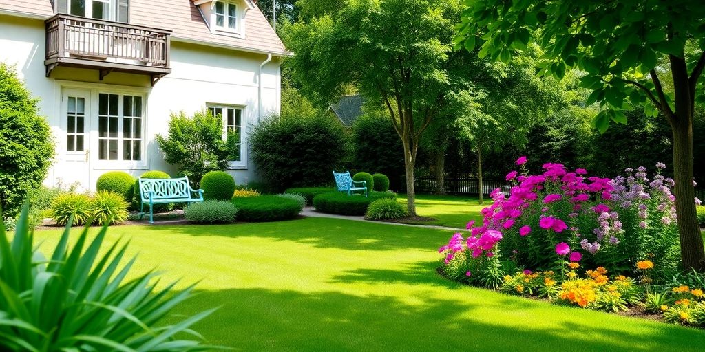 Beautiful property with well-maintained gardens and flowers.