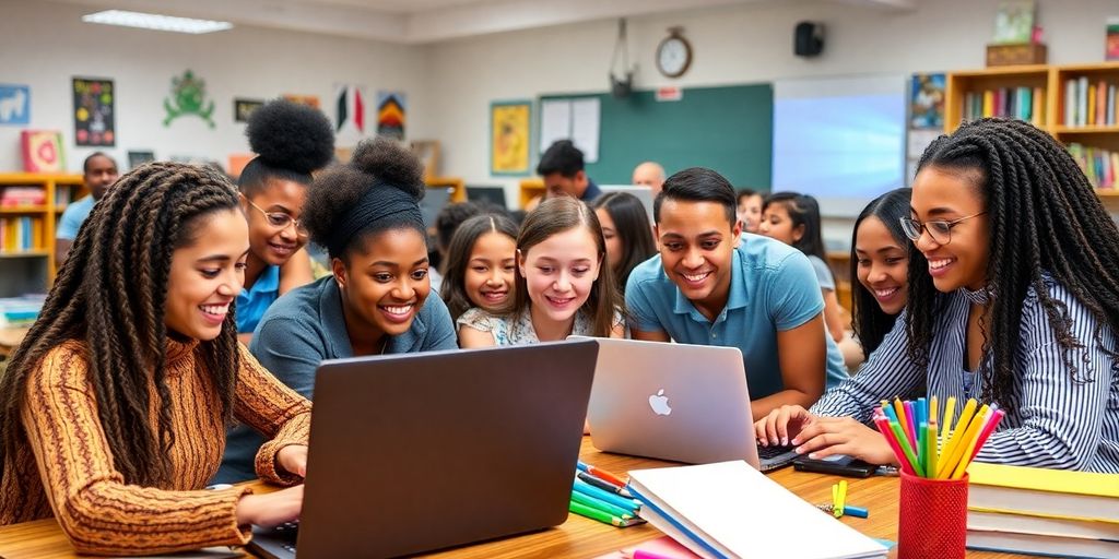 Diverse students engaged in online learning with laptops.
