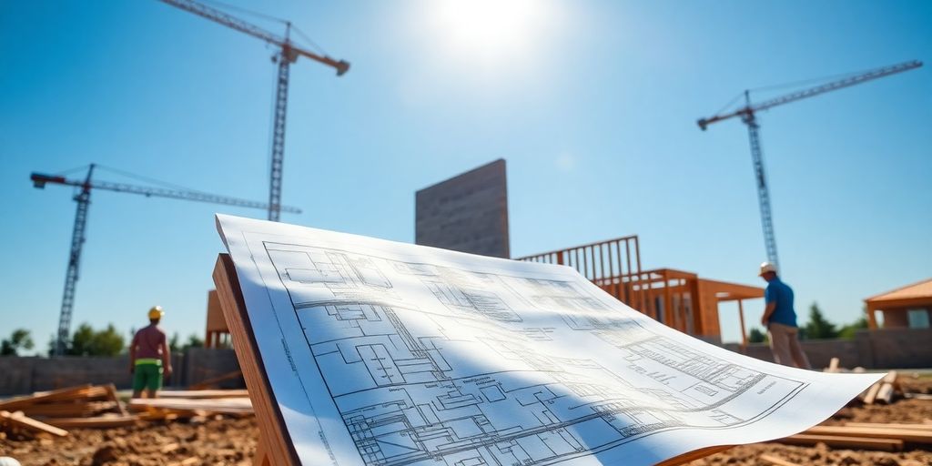 Modern home construction, cranes, blueprint, sunny day.