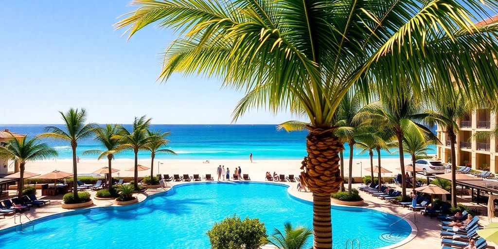 Beachfront resort, swimming pool, palm trees, ocean.