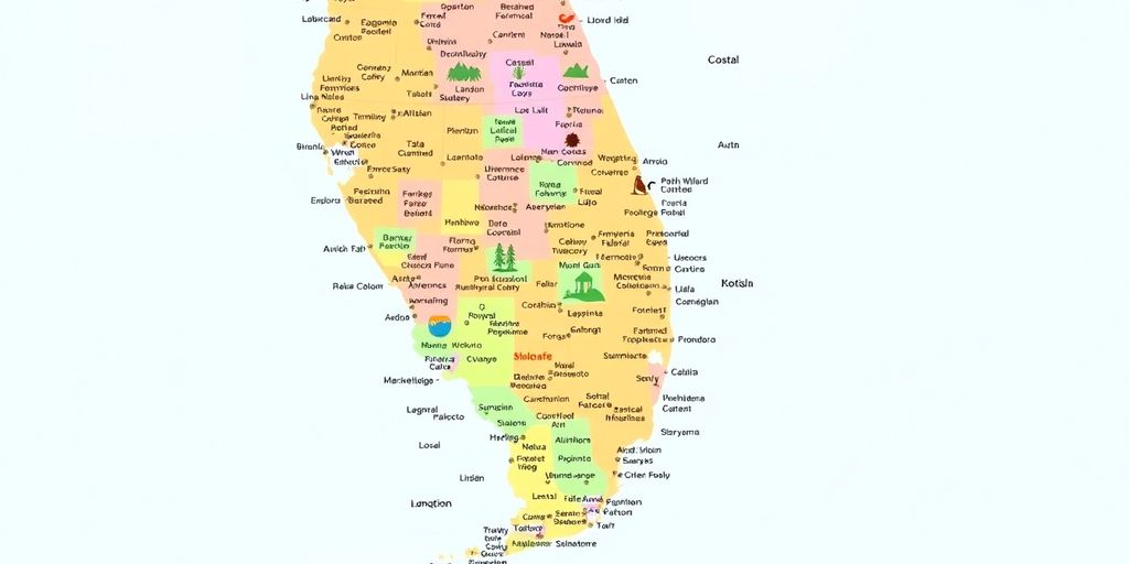 Colorful map of Florida showing cities and towns.
