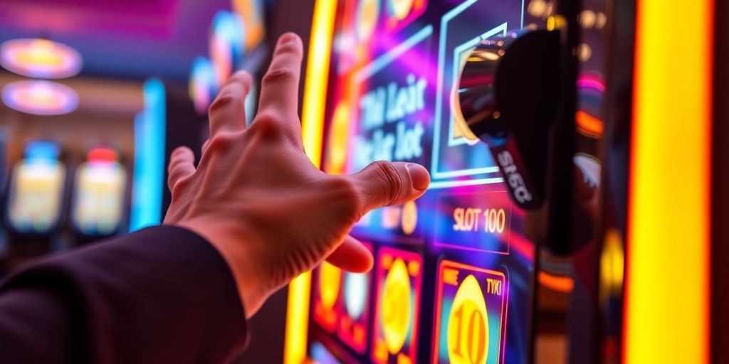 Hand picking colorful slot machine lever.