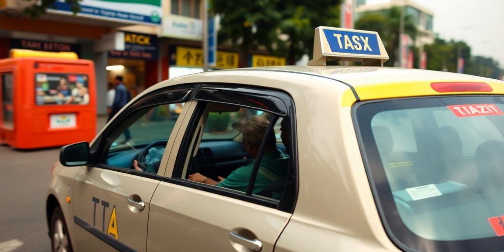 A clean taxi driving on a Delhi street.