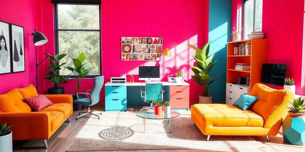 Modern home office with tech gadgets and vibrant decor.