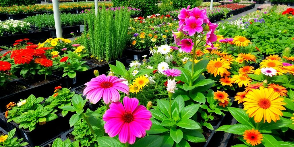 משתלה עם צמחים צבעוניים ועשירים בגוונים.