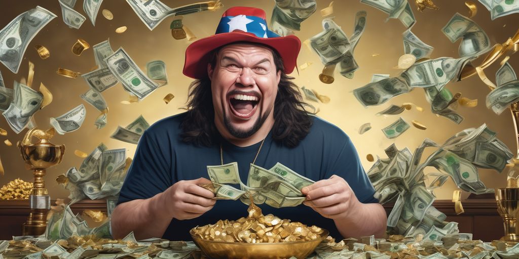 competitive eater with trophies and money