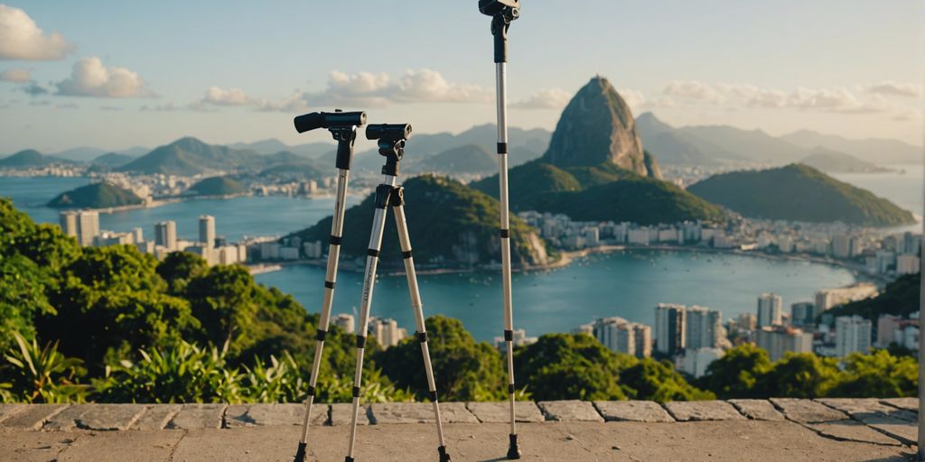 Adjustable crutches with Rio de Janeiro's Sugarloaf Mountain in the background, highlighting rental options and prices.