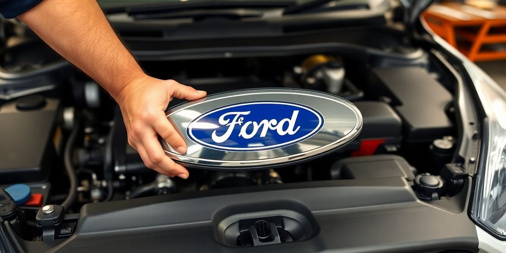 Ford vehicle engine bay with a mechanic's hands nearby.