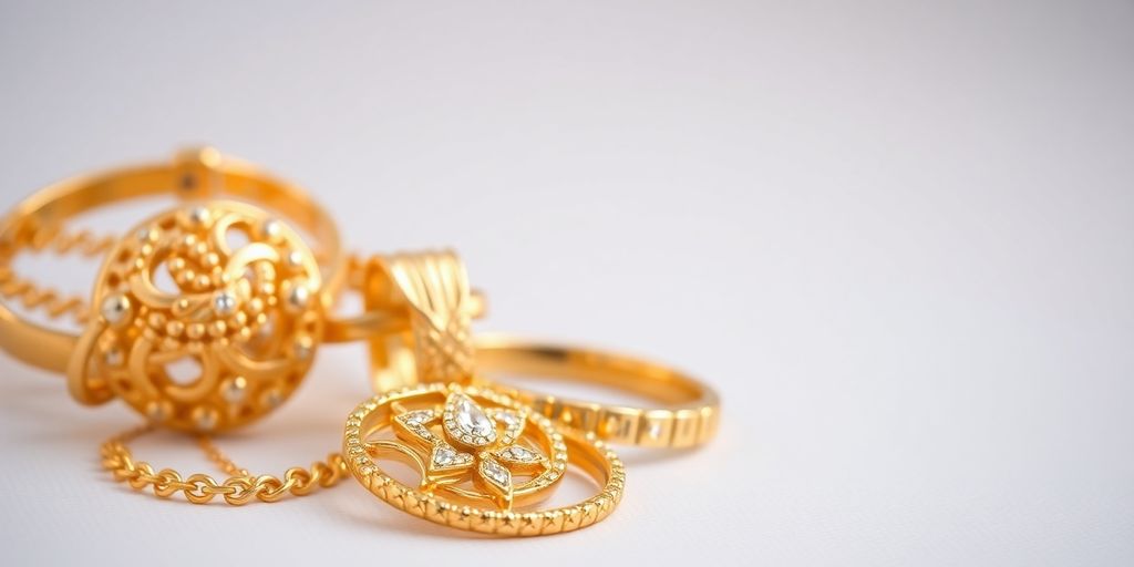 Bijoux en or sur fond neutre, mettant en valeur la richesse.