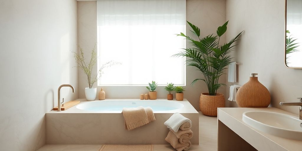 Elegant spa-inspired bathroom with soaking tub and greenery.