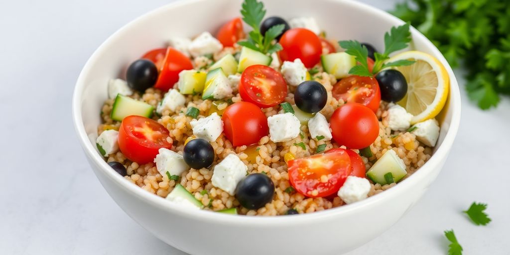 Colorful Mediterranean grain bowl with vegetables and feta.