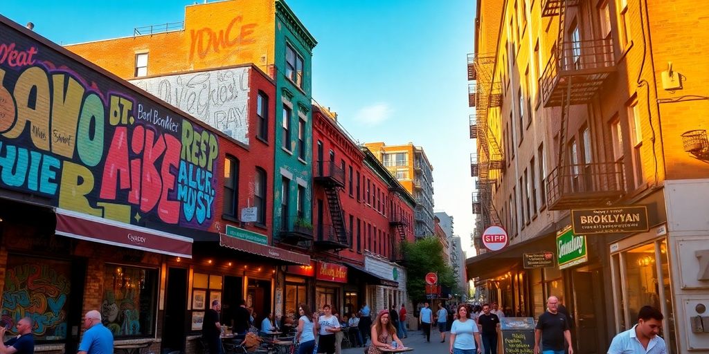 Colorful Brooklyn street with murals and lively cafes.