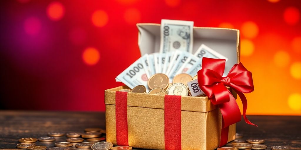 Gift box with charity ribbon, cash, and coins.
