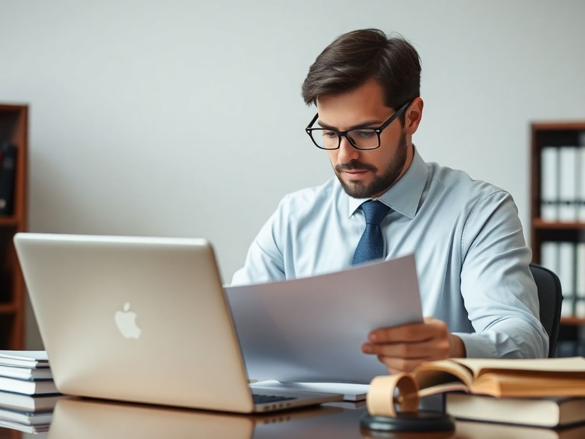 Avocat analizând documente legale în birou modern.