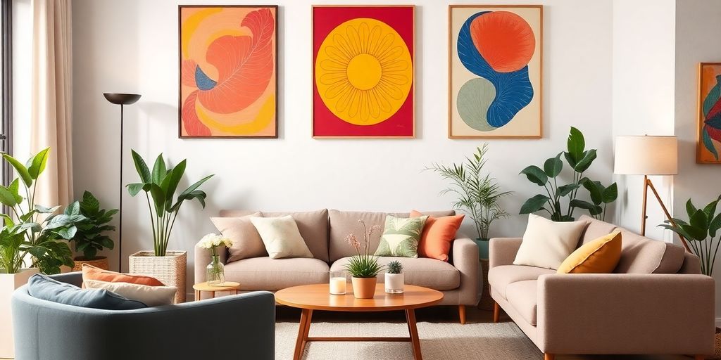 Colorful IKEA wall art in a stylish living room.